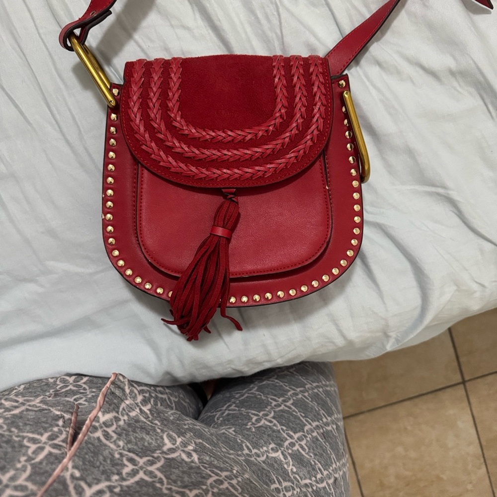 Chloe Red Crossbody Bag with Tassel and Studs